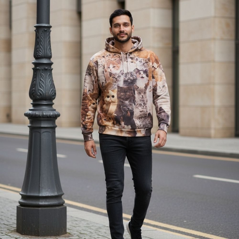 Men's Cat Print Hoodie - Brown and Tan